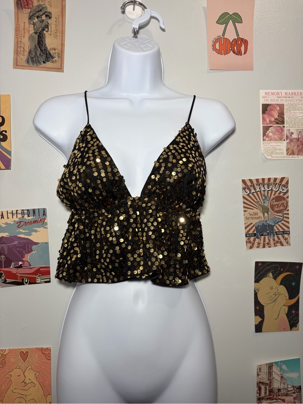 Black Gold Sequin V-Neck Spaghetti Strap Camisole